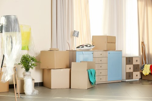 Packed office boxes ready for transport in Westcombepark